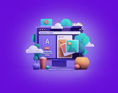 3D computer screen surrounded by icons, pictures, and design tools on a purple background reflecting creative digital marketing, perfect for a freelance digital marketing consultant in Thrissur