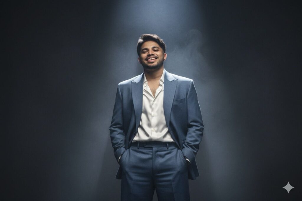 A confident freelance digital marketing consultant in Thrissur wearing a blue suit and white shirt, standing under spotlight with a professional smile.