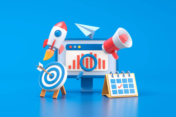 3D illustration of digital marketing tools: computer monitor with analytics, rocket, paper plane, megaphone, target board, and calendar—ideal for a freelance digital marketing consultant in Thrissur