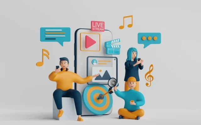 3D illustration of digital content creators with a smartphone, chat bubbles, music notes, and icons, representing the work of a freelance digital marketing consultant in Thrissur